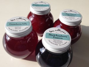 les collines red fruits: gooseberry jelly, black raspberry preserve, sour cherry  preserve and strawberry